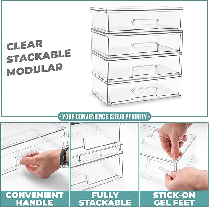Sorbus Acrylic Storage Containers - 4 Pack, Stackable Storage Bins Set for Bathroom Organization - Clear Acrylic Drawer Organizers - Makeup Case Pull-Out Drawers (12.1’’ Wide)-FemmiqueWomen