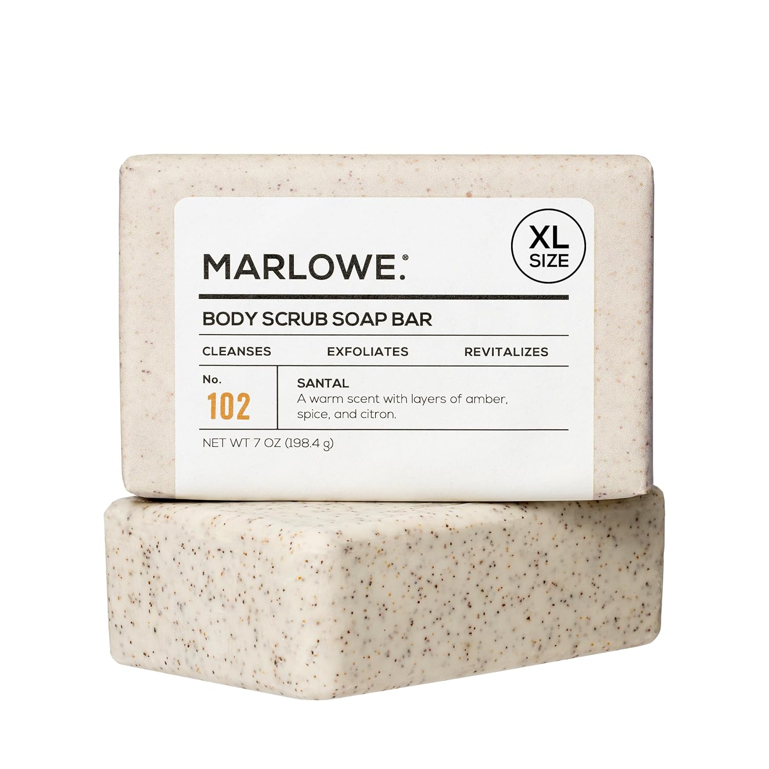 MARLOWE. No. 102 Body Scrub Soap 7 oz, Santal, Exfoliating Soap Bar with Shea Butter, Olive Oil & Green Tea Extracts, Cleanses, Smooths & Revitalizes Skin, Warm Amber, Spice & Citron Scent-FemmiqueWomen