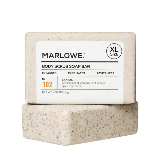 MARLOWE. No. 102 Body Scrub Soap 7 oz, Santal, Exfoliating Soap Bar with Shea Butter, Olive Oil & Green Tea Extracts, Cleanses, Smooths & Revitalizes Skin, Warm Amber, Spice & Citron Scent-FemmiqueWomen