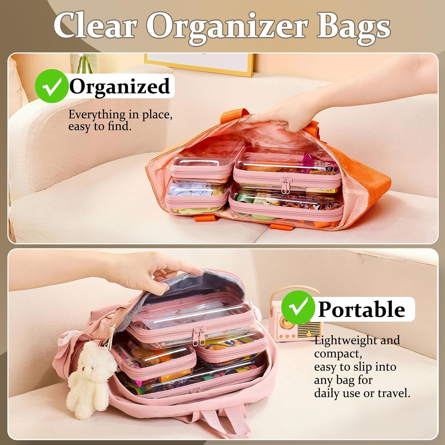 4 pcs Clear Zipper Pouches,Hard Shell Zipper Case, Toiletry Bag for Travel, CLear Diaper Bag, Toiletry Pouch, Travel Organizer, Clear Cosmetic Bag,Toy Storage Bins (M+3S) (Light Pink)-FemmiqueWomen