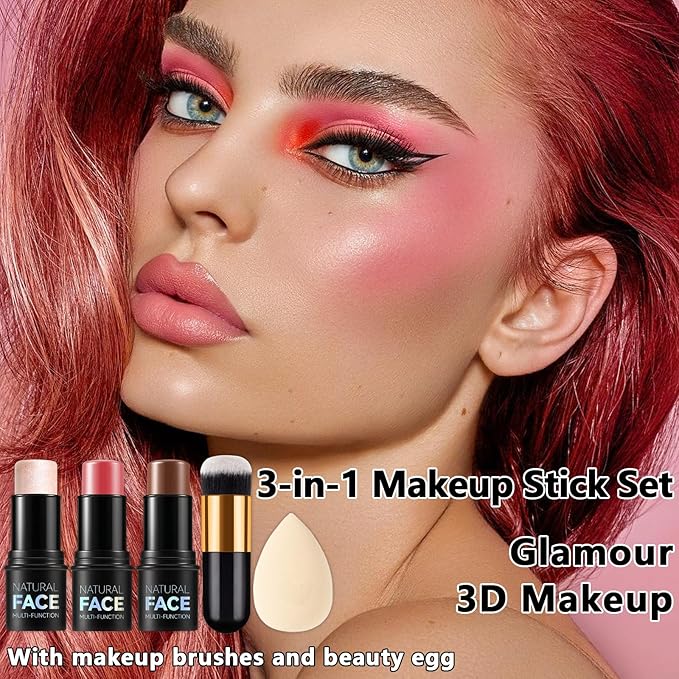 3 Pcs Contour Stick, Highlighter Stick, Blush Stick, Cream Contour Kit with Contour Brush, Create Face Contour, Non-greasy, Waterproof Long-lasting Effect for Women (2+5+6,LIGHT MEDIUM)-FemmiqueWomen