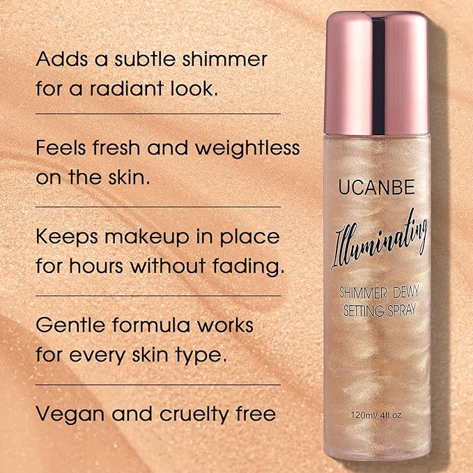 UCANBE Shimmer Dewy Setting Spray – Glowing + Makeup Setting Spray 2 in 1 Lightweight Formula for a Radiant Glow,Long-Lasting Face Mist for Face Body, 4 Fl Oz #Champagne-FemmiqueWomen