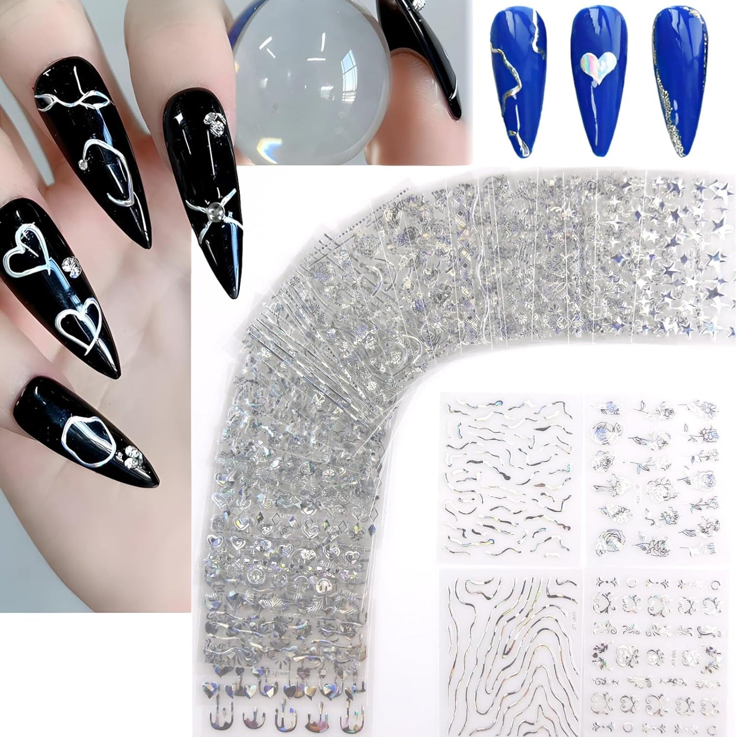 30 Sheets Silver Nail Art Stickers 3D Self-Adhesive Line Nail Decals for Acrylic Nails Lace Leaf Flower Nail Supplies for Nail Art Glitter DIY Design Nail Stickers for Women-FemmiqueWomen