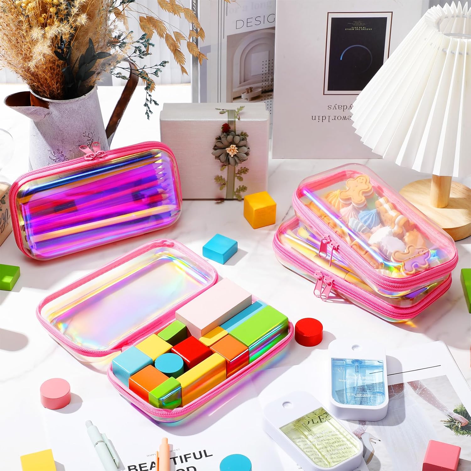 Hoolerry 4 Pcs Hard Clear Zipper Case Makeup Bags Plastic Pencil Pouch Transparent Storage Box Containers for Cosmetics, Snacks, Building Blocks, Puzzles(Pink Laser,7.5 x 3.9 x 2 in)-FemmiqueWomen