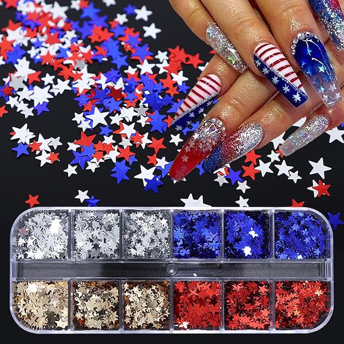 12 Grid July 4th Nail Art Glitter Sequins Independence Day Star Nail Decal Gold Glitter Flakes for Women-FemmiqueWomen