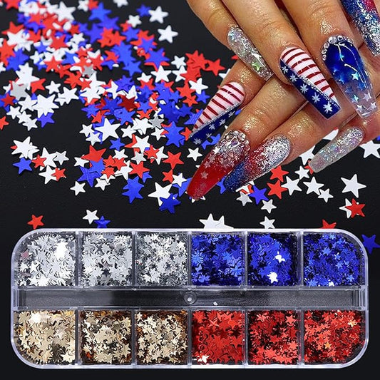 12 Grid July 4th Nail Art Glitter Sequins Independence Day Star Nail Decal Gold Glitter Flakes for Women-FemmiqueWomen