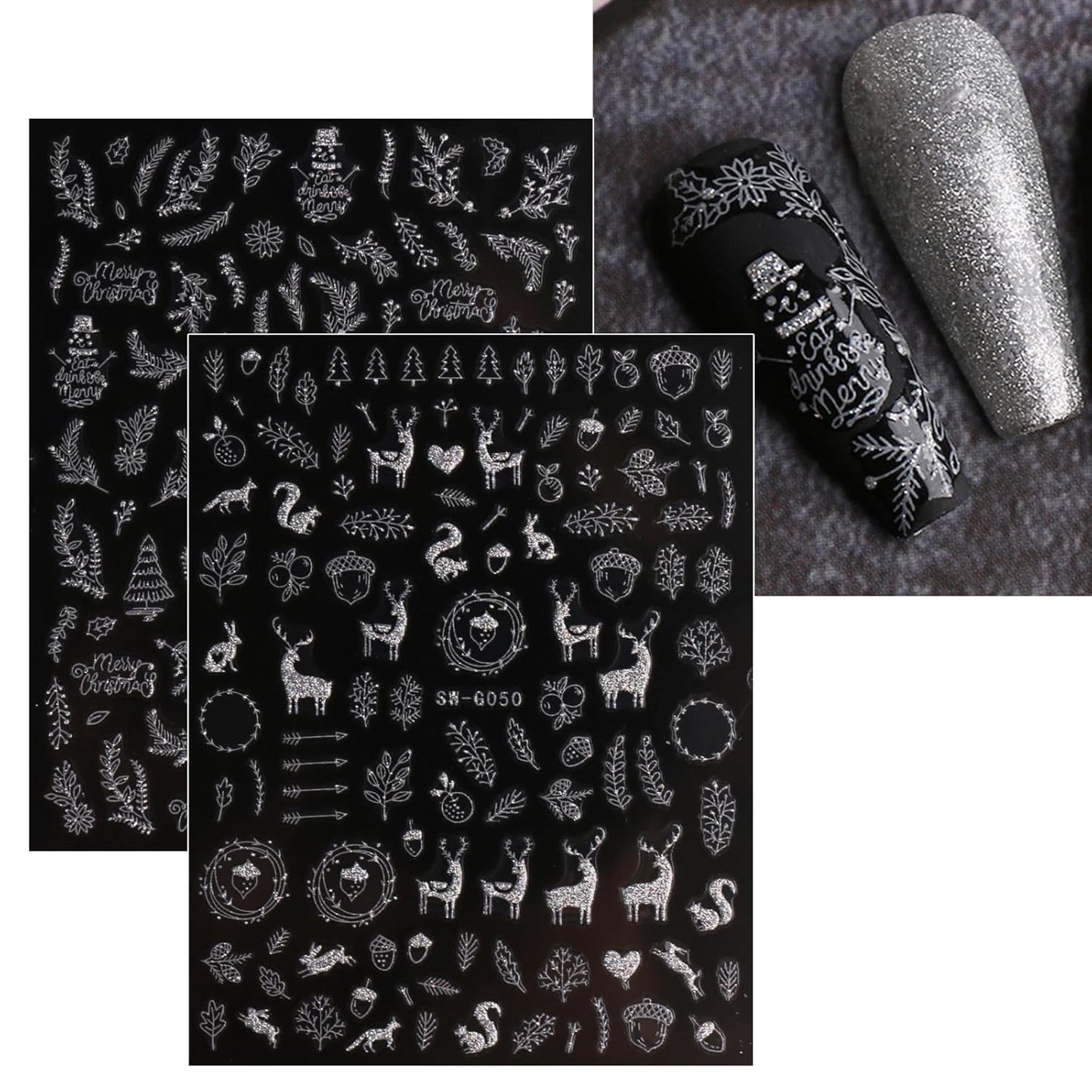 JMEOWIO 9 Sheets Christmas Glitter Nail Art Stickers Decals Self-Adhesive Snowflake Winter Holiday Silver Nail Supplies Nail Art Design Decoration Accessories-FemmiqueWomen