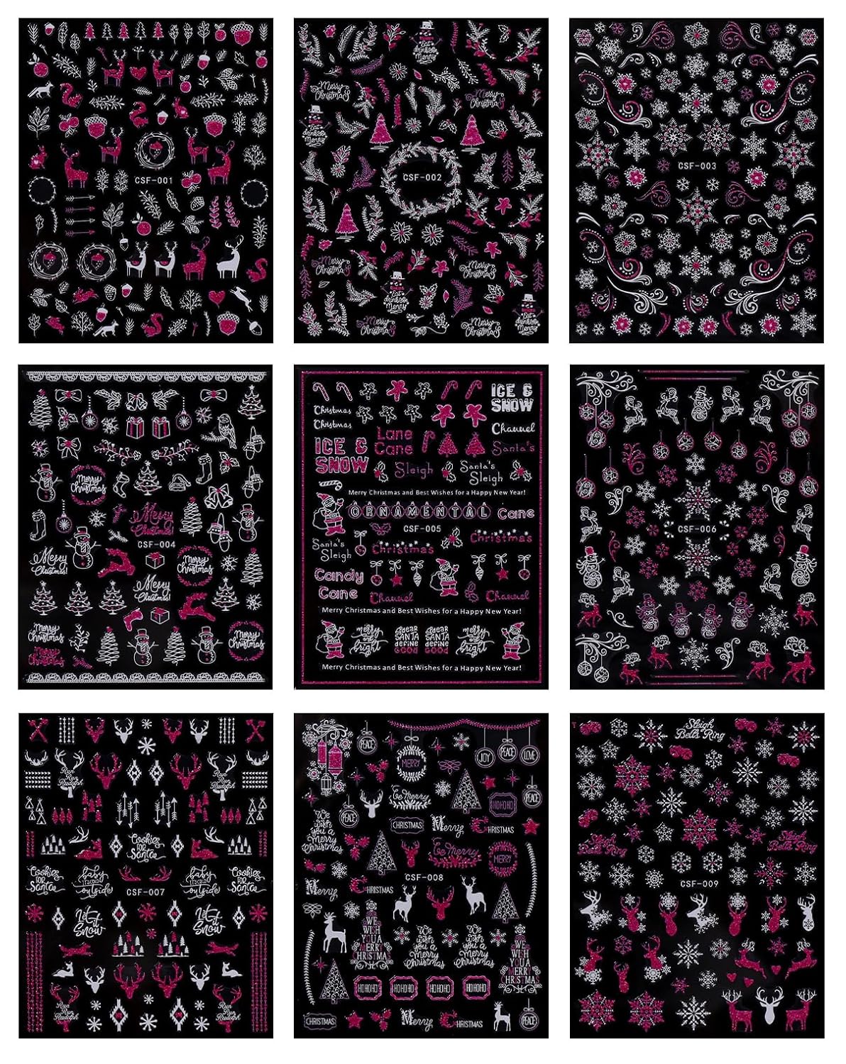 JMEOWIO 9 Sheets Christmas Pink Glitter Nail Art Stickers Decals Self-Adhesive Snowflake Winter Holiday Nail Supplies Nail Art Design Decoration Accessories-FemmiqueWomen