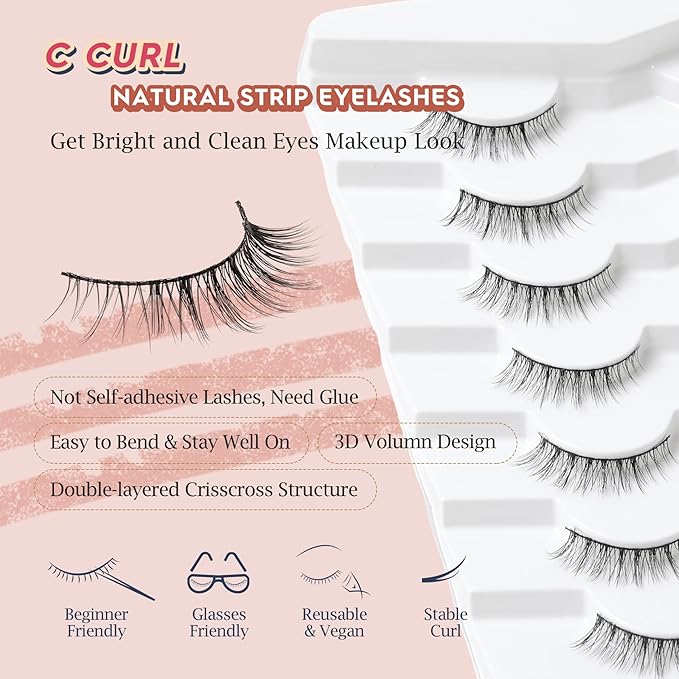 Natural Lashes Wispy Eyelashes Natural Look Short Lashes Pack 12mm Eyelashes C Curl False Lashes Thinner Band 3D Volume Fake Eyelashes 7 Pair Siligli-FemmiqueWomen