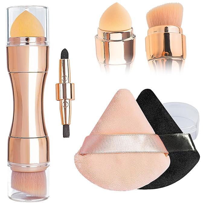 kullder 4 in 1 Makeup Brush Travel Makeup Brushes Blend Sponge, Eyebrow, Eyeshadow & Blush Brushes for Foundation Concealer Double Ended Makeup Brush with Powder Puff Women Ideal Gifts-FemmiqueWomen