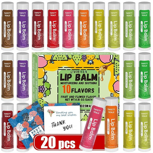 20 Pack Natural Lip Balm Bulk with Vitamin E and Coconut Oil Valentine's Day best choice - Moisturizing, Soothing, and Repairing Dry and Chapped Lips - 10 Flavors - Non-GMO-FemmiqueWomen