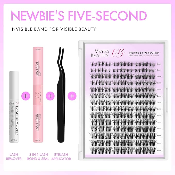 VEYESBEAUTY Lash Clusters Kit Eyelash Extensions Thin & Invisible Band DIY Individual False Eyelashes Newbie's Five-Second Series Lash Tray for Self-application, Whisper Lash 8-16mm Mixed Length-FemmiqueWomen