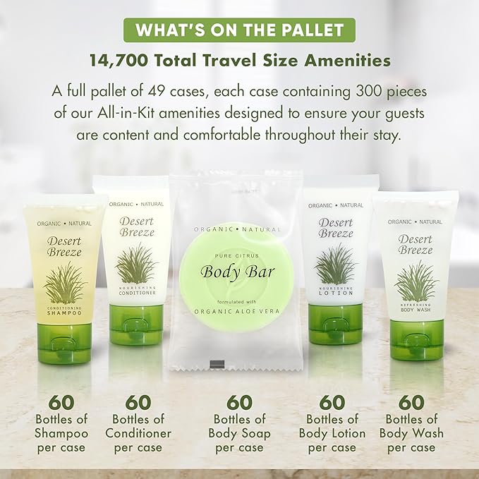 Desert Breeze Hotel Soaps and Toiletries Bulk Set | 1oz Hotel Shampoo & Conditioner, Body Wash, Body Lotion & Bar Soap | Full Pallet 49 cases with 300 units each - 14,700 pieces-FemmiqueWomen