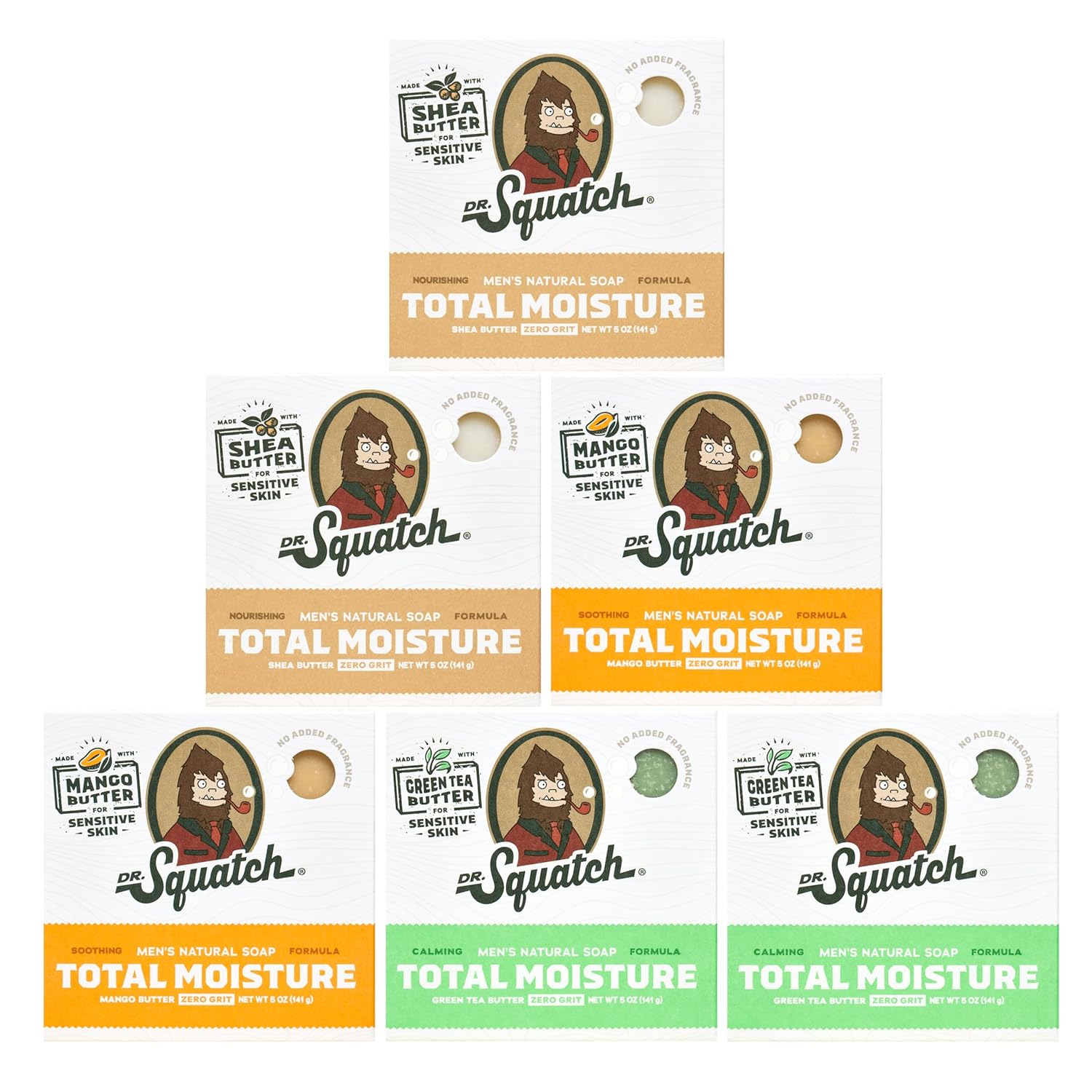 Dr. Squatch NEW Total Moisture Bar Soap for Men - No Added Fragrance Formulated for Sensitive Skin - Shea Butter, Mango Butter & Green Tea Butter (5 oz, 6-pack)-FemmiqueWomen