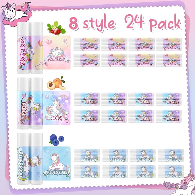 24 Pcs Unicorn Lip Balm Back to School Gift Unicorn Party Favors Lip Balm for Girls Birthday Party Favors Lip Gloss for Kids Gifts for Kids Fruity Favors Unicorn Gift for Cute Girls-FemmiqueWomen
