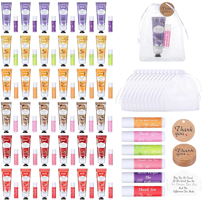 36 Set Thank You Gifts for Employee Hand Cream and Lip Balm Bulk Set with Organza Bag Thank You Card Hand Lotion Appreciation Gift Set for Women Men Coworkers Volunteer-FemmiqueWomen