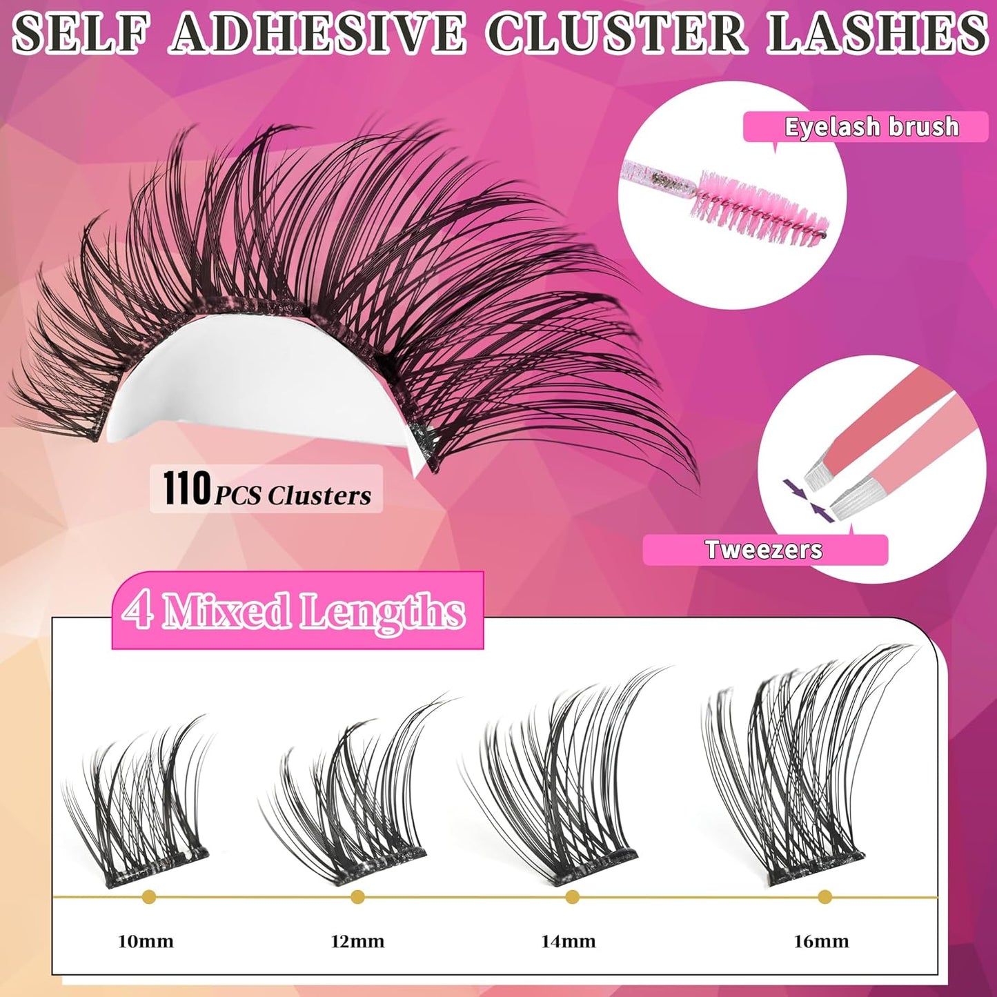 Self Adhesive Eyelashes Kit Wispy Eyelash Extension Self Adhesive Lashes Reusable Press on Lashes No Glue Needed Lash Clusters 10-16mm D Curl Pre Glued Eyelashes Clusters(A01,110Pcs)-FemmiqueWomen