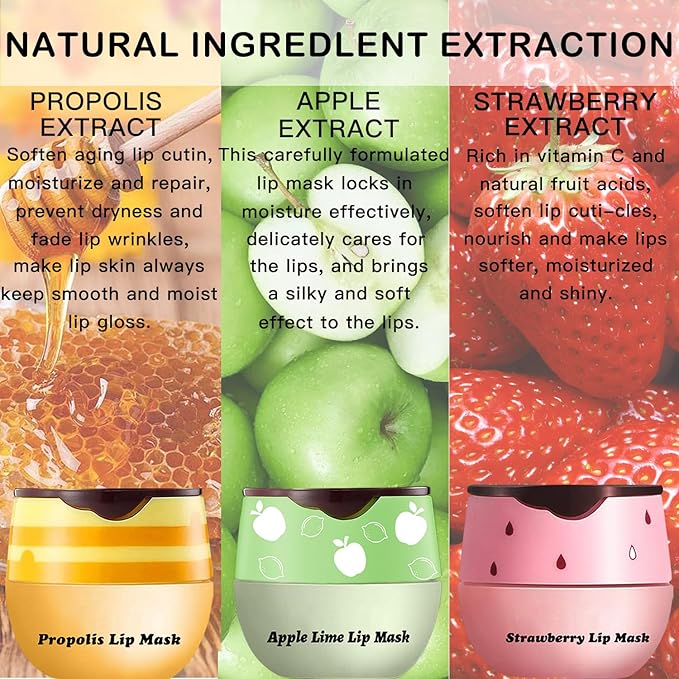 3 PCS Lip Balm Honey Pot, Honey Apple Strawberry Lip Masks Overnight, Propolis Moisturizing Lip Sleeping Mask, Prevention Dry Crack Lip Repair Nourishes the Lip Skin and Lip Wrinkle Care.-FemmiqueWomen