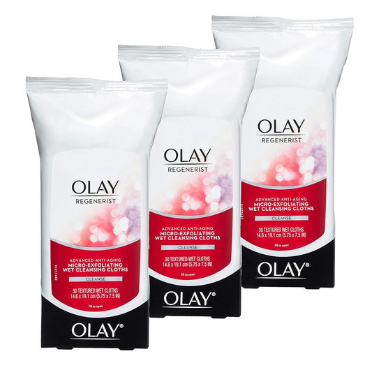 Olay Makeup Remover Wipes, Regenerist Micro-Exfoliating Wet Cleansing Cloths, Facial Cleanser for Women - Exfoliates, Refreshes, Smooths Texture, Travel Approved, 30 ct - 3 Pack-FemmiqueWomen