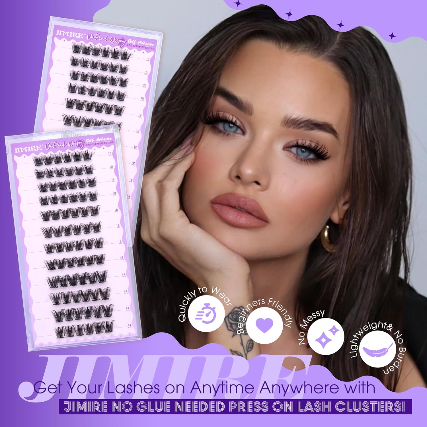 JIMIRE Self Adhesive Eyelashes Manga Lash Clusters Natural Look 10-14MM Wispy Pre Glued Lashes Clusters No Glue Needed D-Curly Natural Cluster Lashes Reusable Invisible Band Press on Lashes-FemmiqueWomen