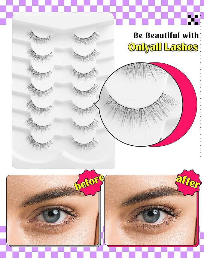 Onlyall Natural Lashes Wispy Lashes Natural Look False Eyelashes Natural Flared Eyelashes False Eye Lashes Soft Fluffy Lashes 7 Pairs DK32, Black-FemmiqueWomen