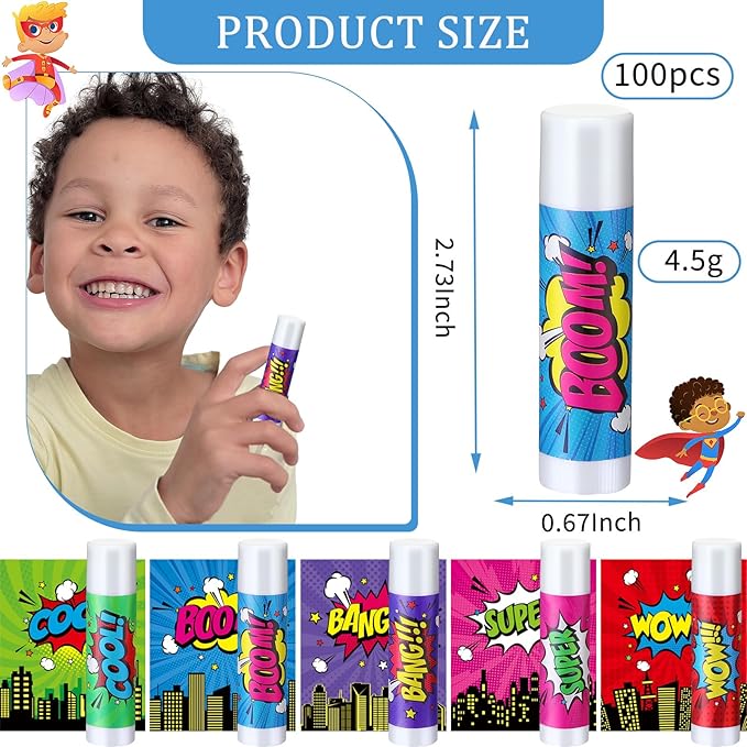 100 Pcs Hero Party Favors Lip Balms Bulk for Kids Birthday Party Moisturizing Lip Balm for Hero Themed Celebration Gifts Lip Care Products for Classroom Rewards Favor Party Supplies-FemmiqueWomen