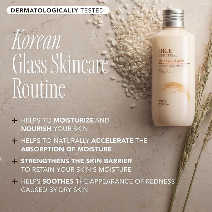 The Face Shop Rice Ceramide Moisturizing Emulsion - Rice Extract - Lightweight Face Moisturizer - Brightening - Hydrating Targets Dryness - Strengthens Skin Barrier - Face Lotion - Korean Skin Care-FemmiqueWomen