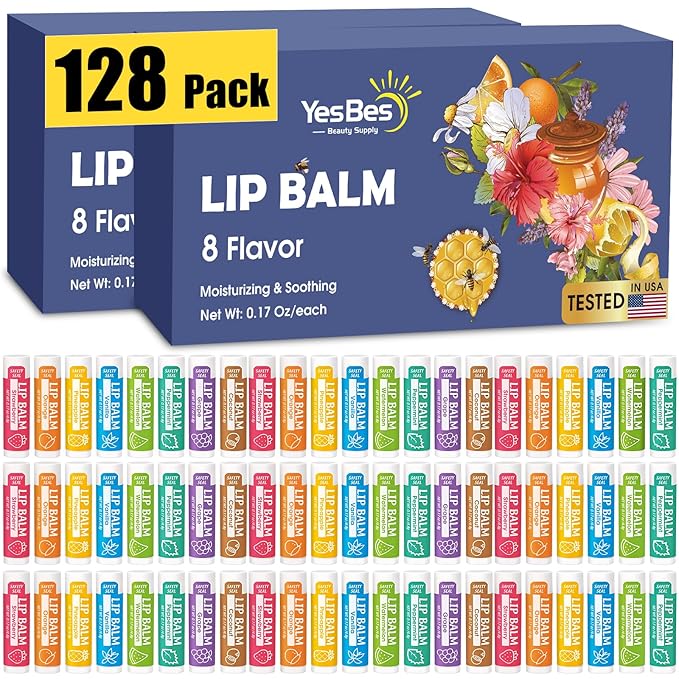 128 Pack Lip Balm, Natural Lip Balm Bulk with Vitamin E and Coconut Oil, Moisturizing Lip Balm for Dry Cracked Lips, Lip Balm for Stocking Stuffers - 8 Flavors-FemmiqueWomen