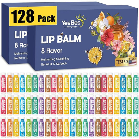 128 Pack Lip Balm, Natural Lip Balm Bulk with Vitamin E and Coconut Oil, Moisturizing Lip Balm for Dry Cracked Lips, Lip Balm for Stocking Stuffers - 8 Flavors-FemmiqueWomen