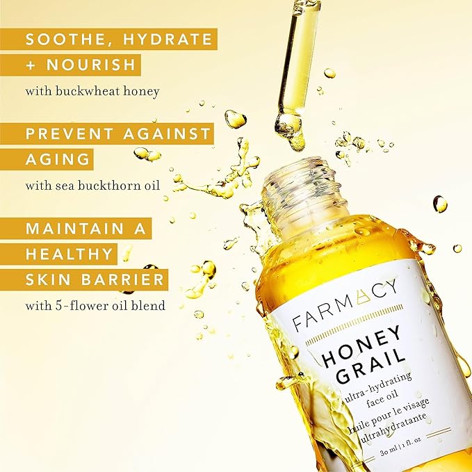 Farmacy Hydrating Face Oil - Honey Grail Nourishing Oil for Skin & Hair - Infused with Sea Buckthorn Oil, Rosehip Oil & Buckwheat Honey to Moisturize & Maintain a Healthy Skin Barrier (30ml)-FemmiqueWomen