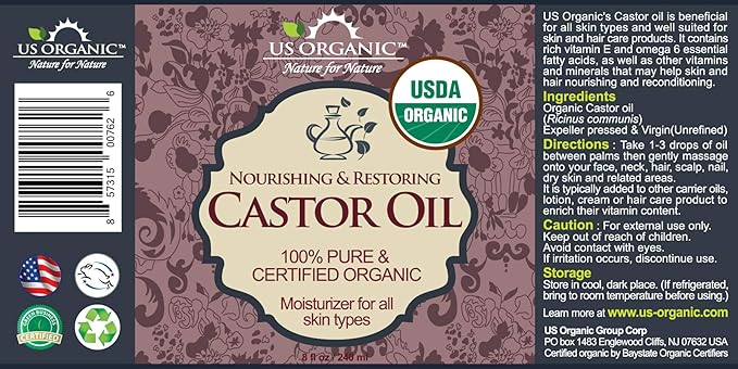 US Organic Castor Oil, USDA Certified Organic,Expeller Pressed, Hexane Free, 100% Pure & Natural moisturizing and emollient properties, For Skin, Hair Care, Eyelashes, DIY projects (8 oz (240 ml))-FemmiqueWomen