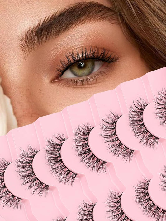Lashes Natural Wispy Eyelashes 15mm Strip Lashes Pack False Eyelashes 0.1MM Thin Band C Curl Eye Lashes 3D Volume False Eyelashes Siligli Lashes 7 Pair-FemmiqueWomen