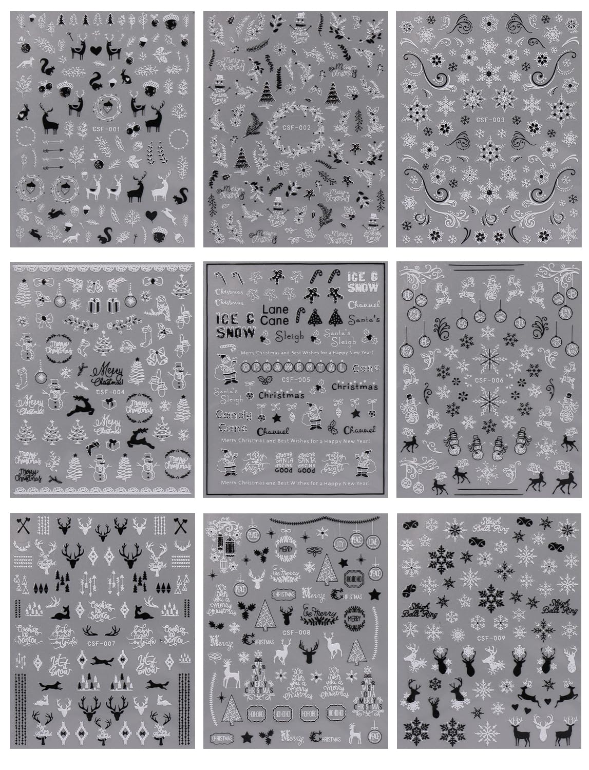 JMEOWIO 9 Sheets Christmas Glitter Nail Art Stickers Decals Self-Adhesive White Black Nail Supplies Nail Art Design Decoration Accessories-FemmiqueWomen