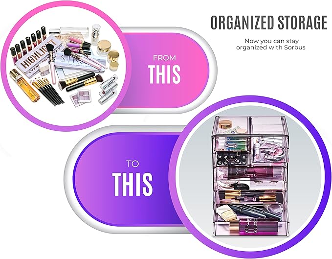 Sorbus Acrylic Makeup Organizer - Organization and Storage Case for Cosmetics Make Up & Jewelry - Big Clear Makeup Organizer for Vanity, Bathroom, College Dorm, Closet, Desk (3 Large, 4 Small Drawers)-FemmiqueWomen