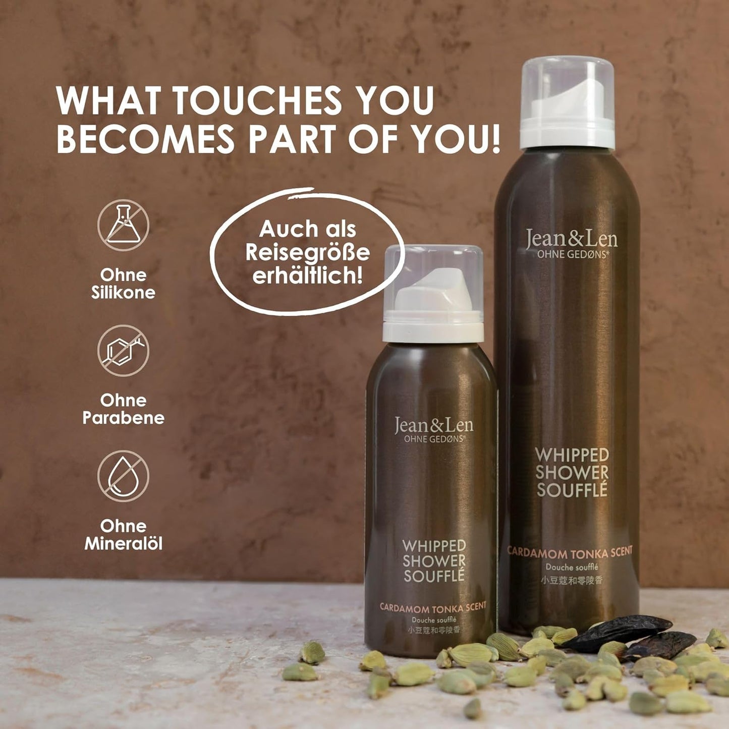 Jean & Len Shower Soufflé Cardamom & Tonka, almond, jojoba and babussa oil, for a fragrant cleansing experience, for normal to dry skin, shower foam, without parabens & silicones, vegan, 6.76 Fl. Oz.-FemmiqueWomen