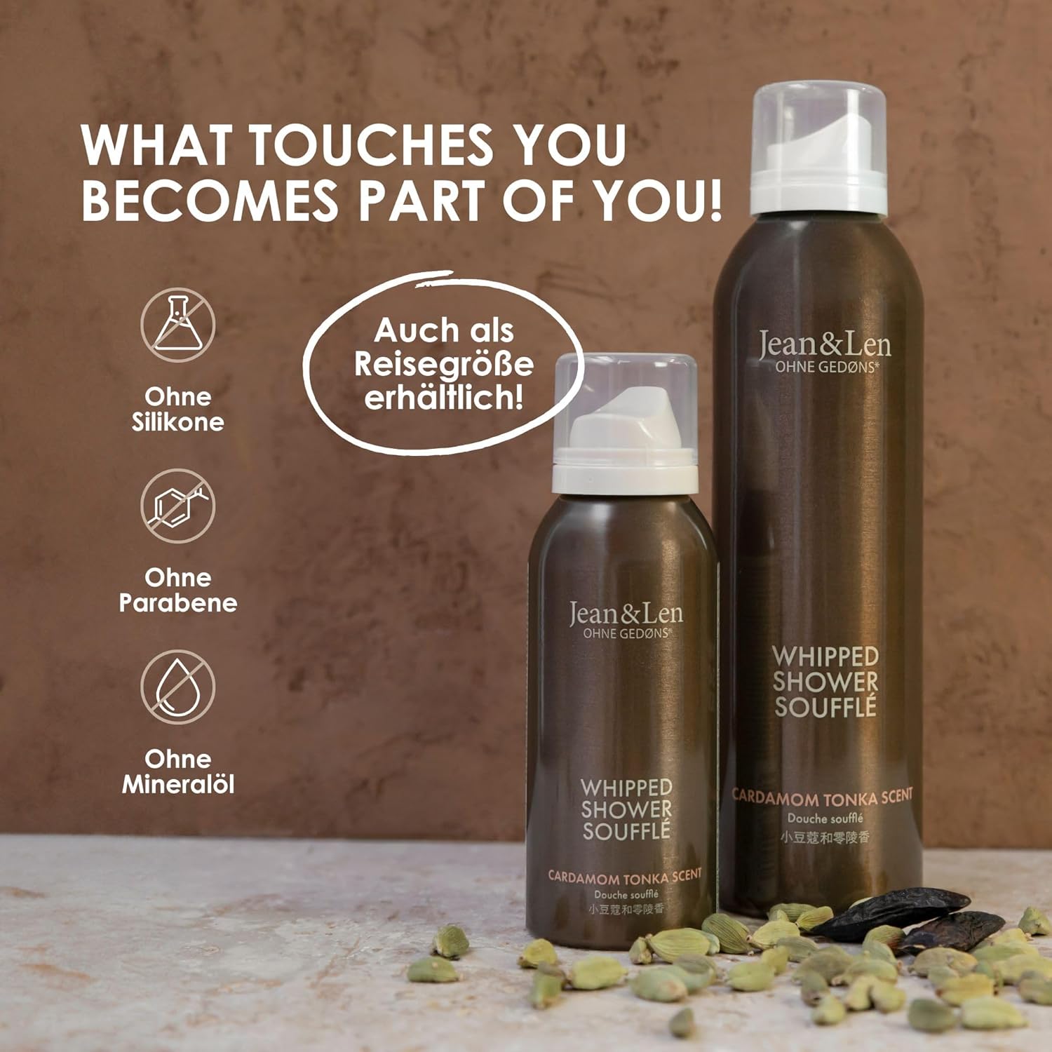 Jean & Len Shower Soufflé Cardamom & Tonka, almond, jojoba and babussa oil, for a fragrant cleansing experience, for normal to dry skin, shower foam, without parabens & silicones, vegan, 6.76 Fl. Oz.-FemmiqueWomen