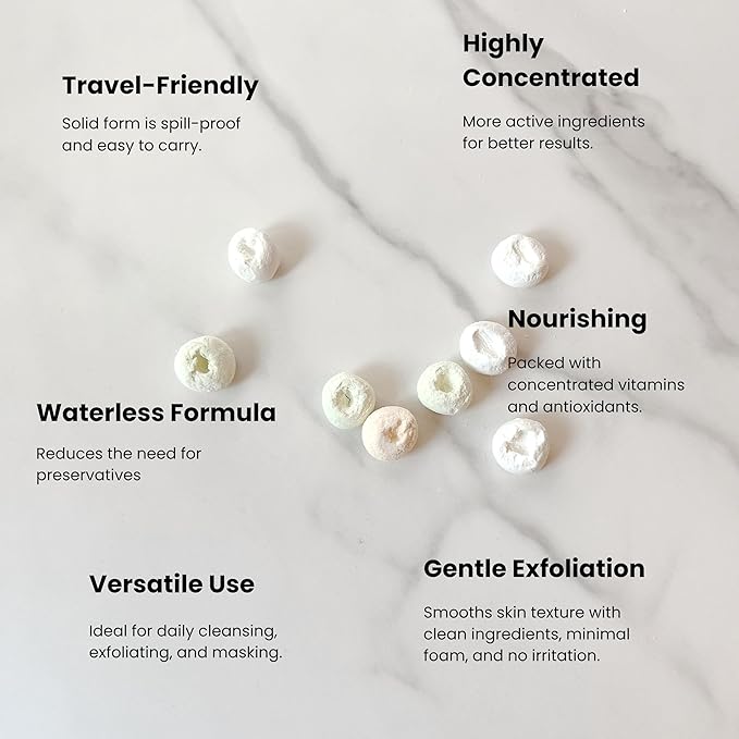 3-in-1 Solid Facial Cleanser, Exfoliator, and Wash-off Mask - Vegan, Cruelty-Free, Plastic-Free, Travel-Friendly, 1 Month Supply (60 Crushable Tablets) in Tin (Purifying Beans in Tin)-FemmiqueWomen
