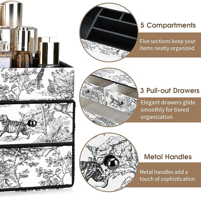 GORESE Leather Makeup Organizer with 3 Drawers for Vanity, Stackable Skincare Holder Dresser Organizer Countertop, Make Up Storage Organizers Counter Cosmetic Display Case Gift for Women(Retro Black)-FemmiqueWomen