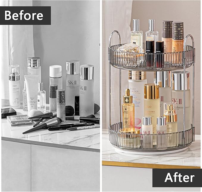 Rotating Makeup Organizer for Vanity, High-Capacity Skincare Clear Make Up Storage Perfume Organizers Cosmetic Dresser Organizer Countertop 360 Spinning (Gray, 2 Tier)-FemmiqueWomen