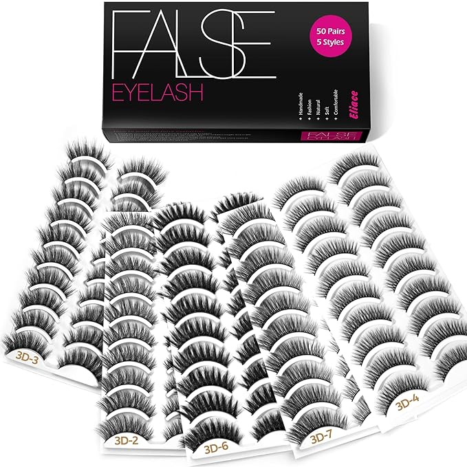 Eliace Eyelashes, (50 Pairs,5 Styles) Luxurious Faux Mink Lashes Natural Look Wispy Fluffy Handmade Cat Eye False Lash Pack, False Eyelashes Set, Fake Lashes Strips, Makeup Fake Eyelashes Pack-FemmiqueWomen