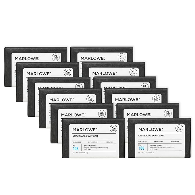 MARLOWE. No. 106 Charcoal Soap 7 oz (12 Bars) Body Bar Soap for Men, Cleansing, Purifying & Hydrating with Natural Extracts, Shea Butter, Olive Oil & Green Tea Extracts, Fresh Woodsy Scent-FemmiqueWomen