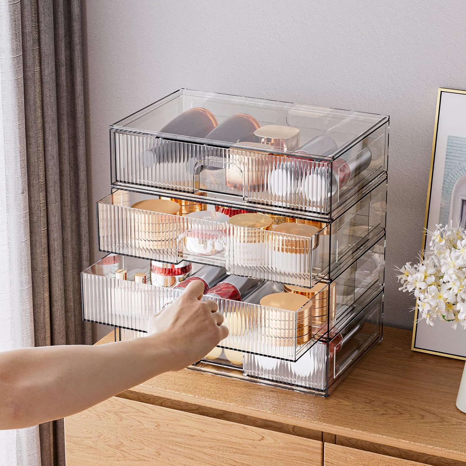 ZHIAI Stackable Storage Drawer, 4 Piece Acrylic Organiser for Cosmetics and Beauty Products, Suitable for Dressers, Bathrooms, Cabinets, Storage Rooms, Bedrooms and Home Organisers-FemmiqueWomen