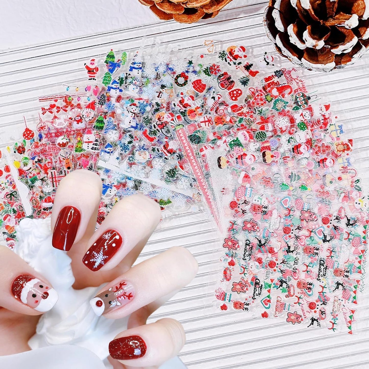 30 Pcs Christmas Nail Sticker 3D Self- Adhesive Nail Decals with Cute Penguin Deer Snowman Snowflake Elk Santa Claus Design Xmas Nail Art Stickers for Women Winter Holiday Nail Sticker(Christmas)-FemmiqueWomen