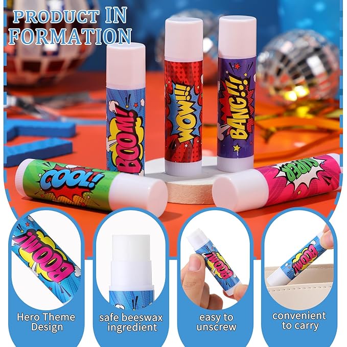 100 Pcs Hero Party Favors Lip Balms Bulk for Kids Birthday Party Moisturizing Lip Balm for Hero Themed Celebration Gifts Lip Care Products for Classroom Rewards Favor Party Supplies-FemmiqueWomen
