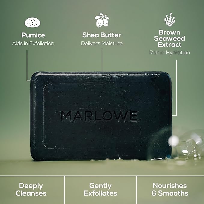 MARLOWE. No. 106 Charcoal Soap 7 oz (6 Bars) Body Bar Soap for Men, Cleansing, Purifying & Hydrating with Natural Extracts, Shea Butter, Olive Oil & Green Tea Extracts, Fresh Woodsy Scent-FemmiqueWomen