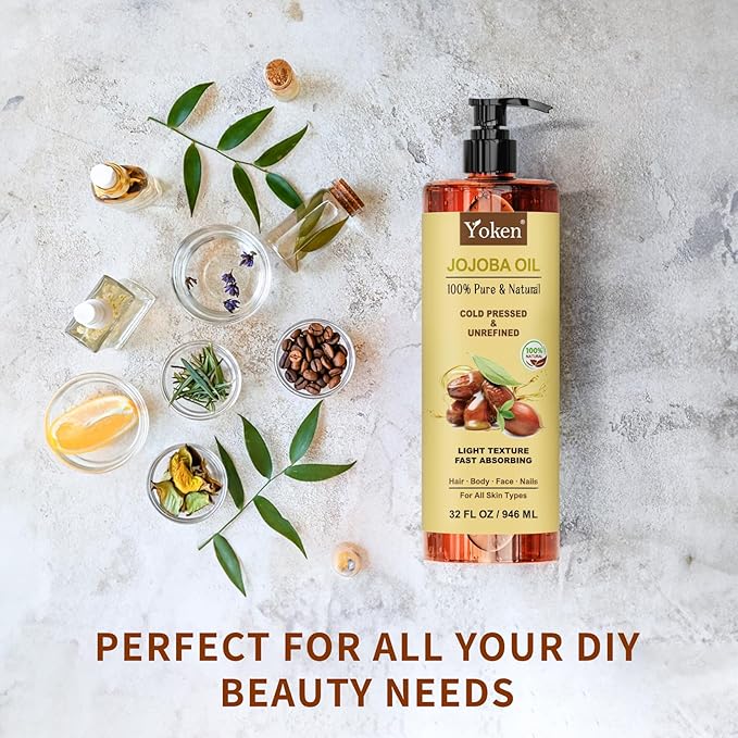 Yoken 32 fl oz (EWG Verified) 100% Pure Jojoba Carrier Oil - Unrefined, Hexane-Free, Cold Pressed for Skin, Face, Hair, Nails, and Massage-FemmiqueWomen