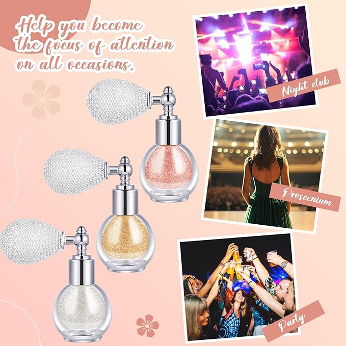 3 Pcs Glitter Spray for Hair and Body, Highlighter Shimmering Spray Powder High Gloss Body Glitter Spray Sparkle Powder for Face Body Cosmetic, Champagne, Pearl White, Bronze Color-FemmiqueWomen