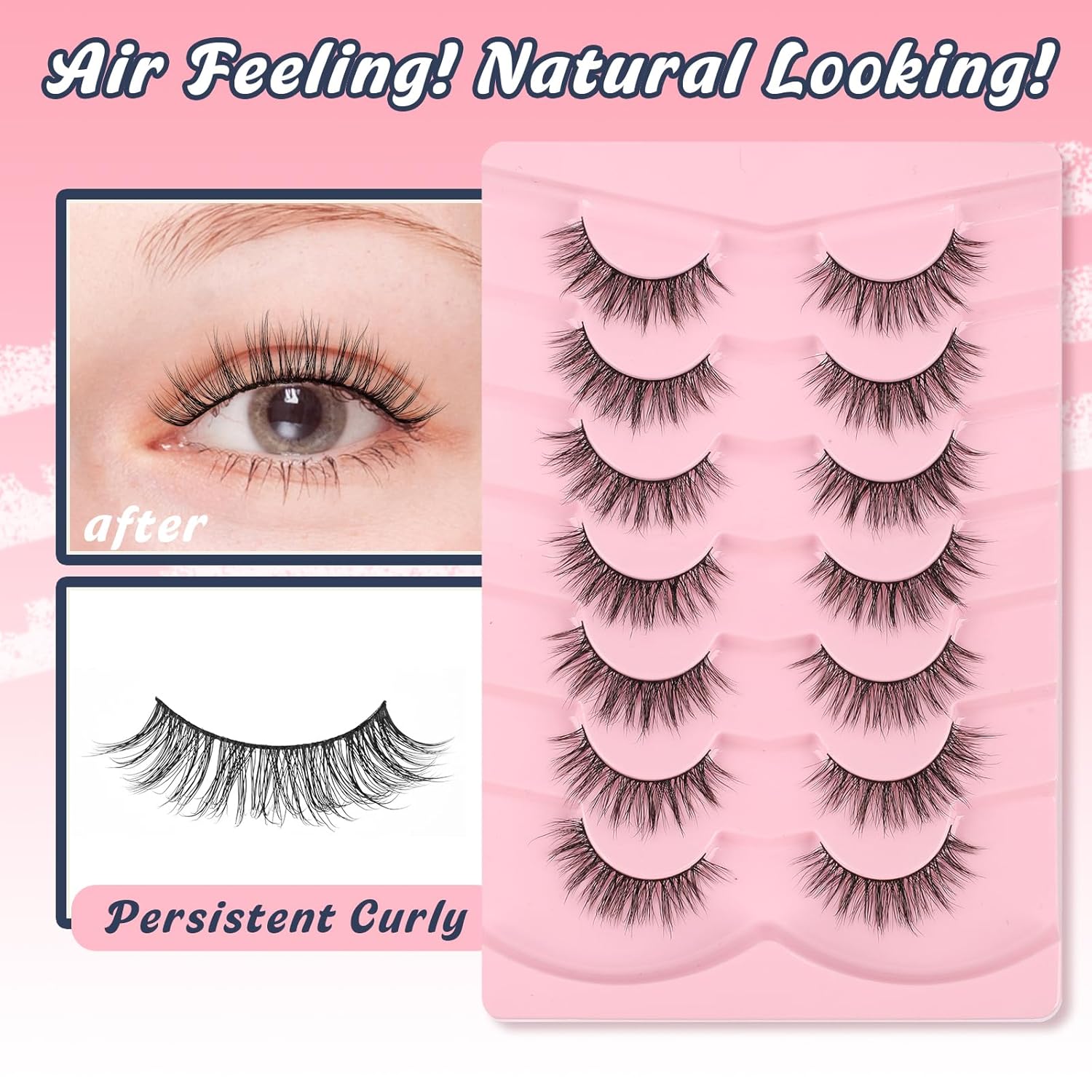 Lashes False Eyelashes Natural 16mm Wispy Lashes Pack Fluffy Eyelashes C Curl Strip Lashes Weightless Fake Lashes 0.1MM Thin Band Eyelash 3D Volume Siligli 7 Pair Lash-FemmiqueWomen