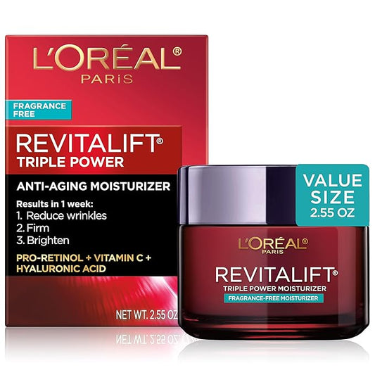 L'Oreal Paris Revitalift Triple Power Anti-Aging Face Moisturizer, Fragrance Free, Pro Retinol, Hyaluronic Acid & Vitamin C to Reduce Wrinkles, Firm & Brighten Skin, 2.55 Oz-FemmiqueWomen