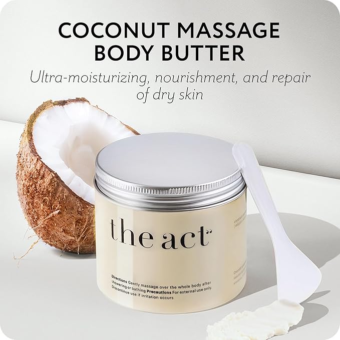 THE ACT Solid Coconut Body Butter – Organic Vegan Moisturizer with Shea & Almond Oils – Melts in Hands – Massage Balm for Dry Skin – Natural Skincare for Women & Men – 6 oz with Spatula-FemmiqueWomen
